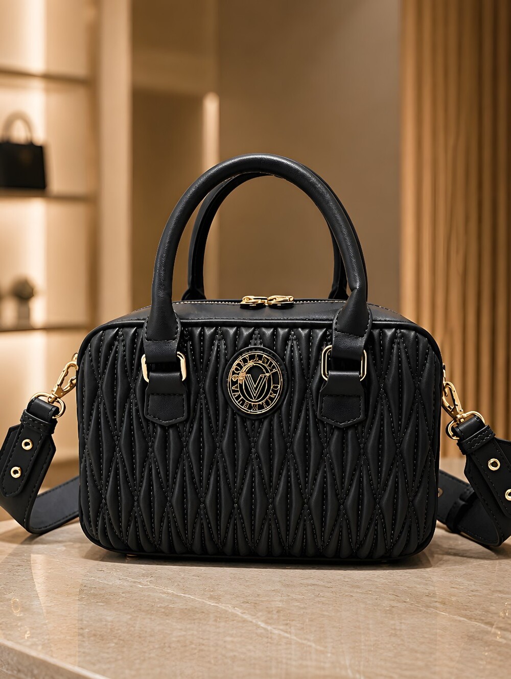 NWT Valentino Orlandi Black Quilted Leather Crossbody Satchel Gold V Logo